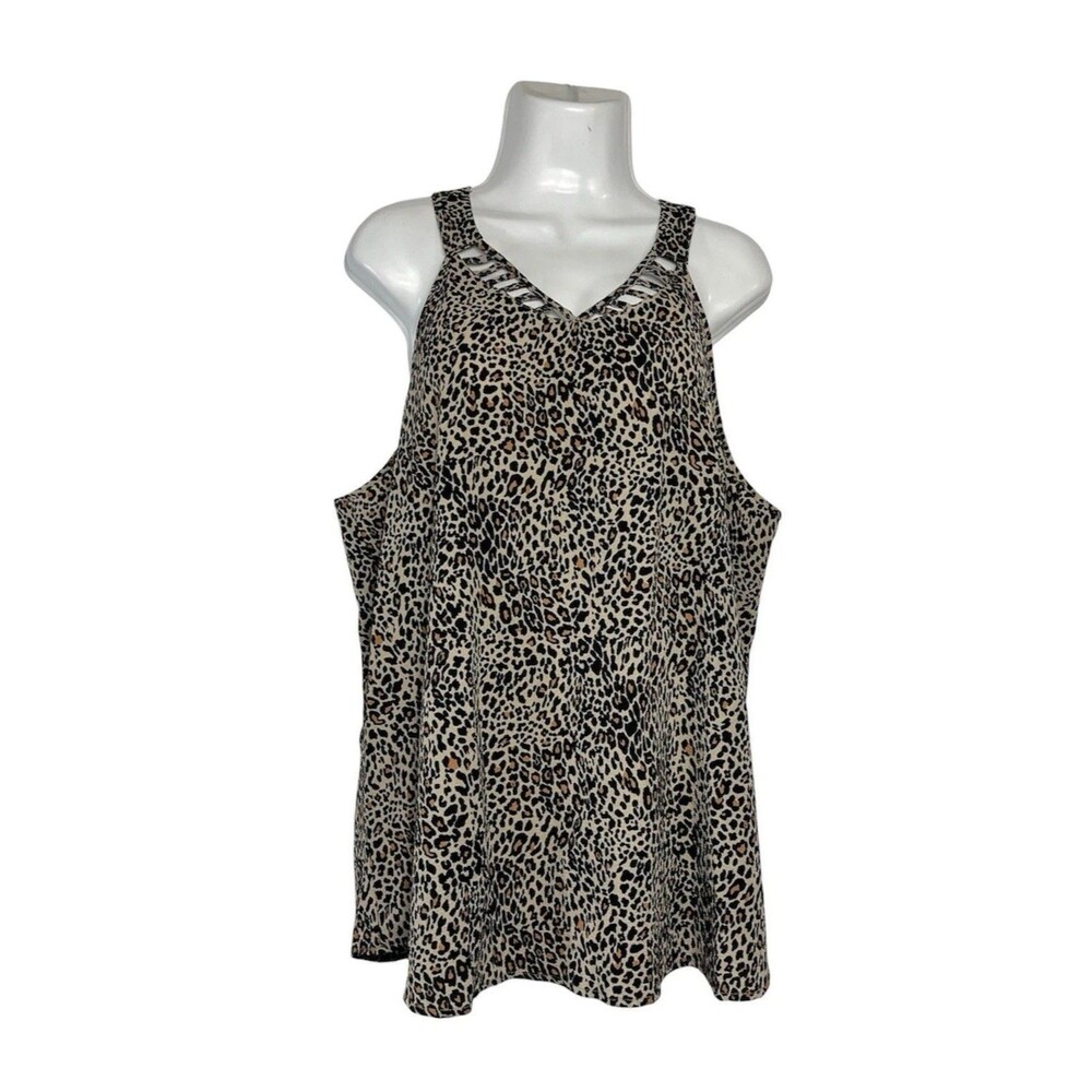 CURE Tank Top 1XL Plus Leopard Brown Black V Neck Shell Blouse Boho Retro Party